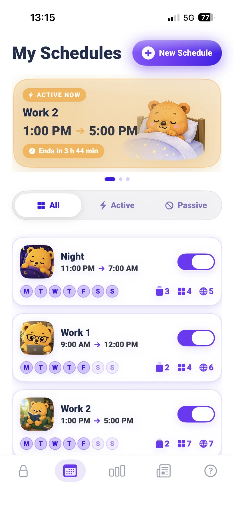 Automatic app blocking schedules list in the Pawlock app